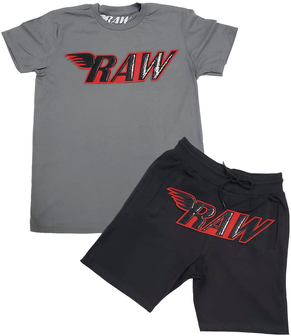 Men RAW PU Red Chenille Crew Neck and Cotton Shorts Set - Heavy Metal Tees / Black Shorts - Rawyalty Clothing