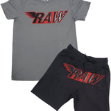 Men RAW PU Red Chenille Crew Neck and Cotton Shorts Set - Heavy Metal Tees / Black Shorts - Rawyalty Clothing