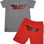 Men RAW PU Red Chenille Crew Neck and Cotton Shorts Set - Heavy Metal Tee / Red Shorts - Rawyalty Clothing