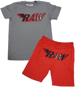 Men RAW PU Red Chenille Crew Neck and Cotton Shorts Set - Heavy Metal Tee / Red Shorts - Rawyalty Clothing