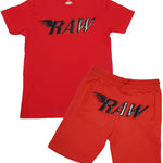 Men RAW PU Red Chenille Crew Neck and Cotton Shorts Set - Red Tee / Red Shorts - Rawyalty Clothing