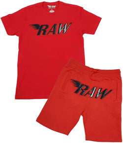 Men RAW PU Red Chenille Crew Neck and Cotton Shorts Set - Red Tee / Red Shorts - Rawyalty Clothing