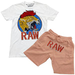 Red Mohawk Tiger Embroidery Patch Crew Neck and Cotton Shorts Set - White Tee / Peach Shorts - Rawyalty Clothing