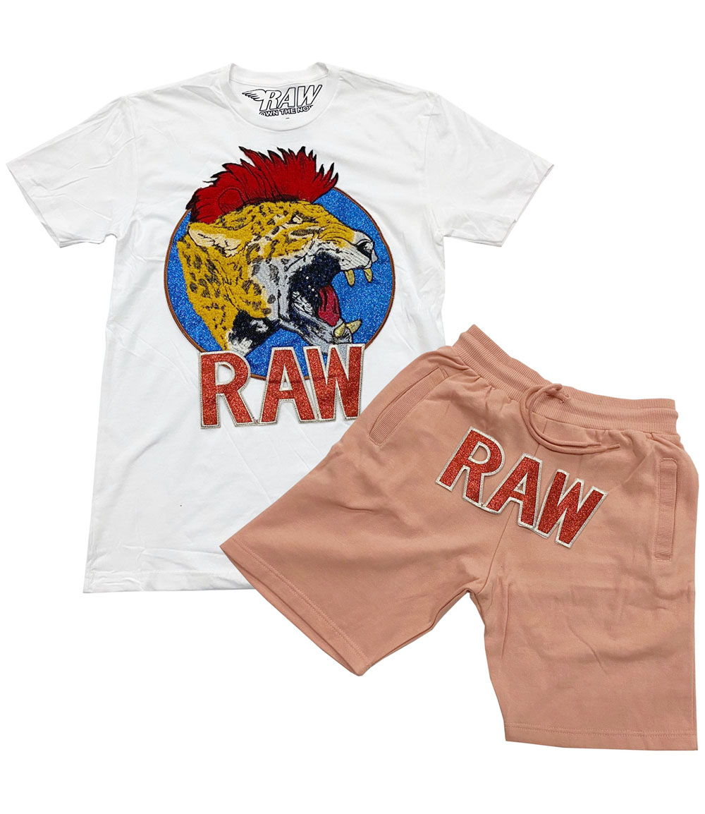 Red Mohawk Tiger Embroidery Patch Crew Neck and Cotton Shorts Set - White Tee / Peach Shorts - Rawyalty Clothing