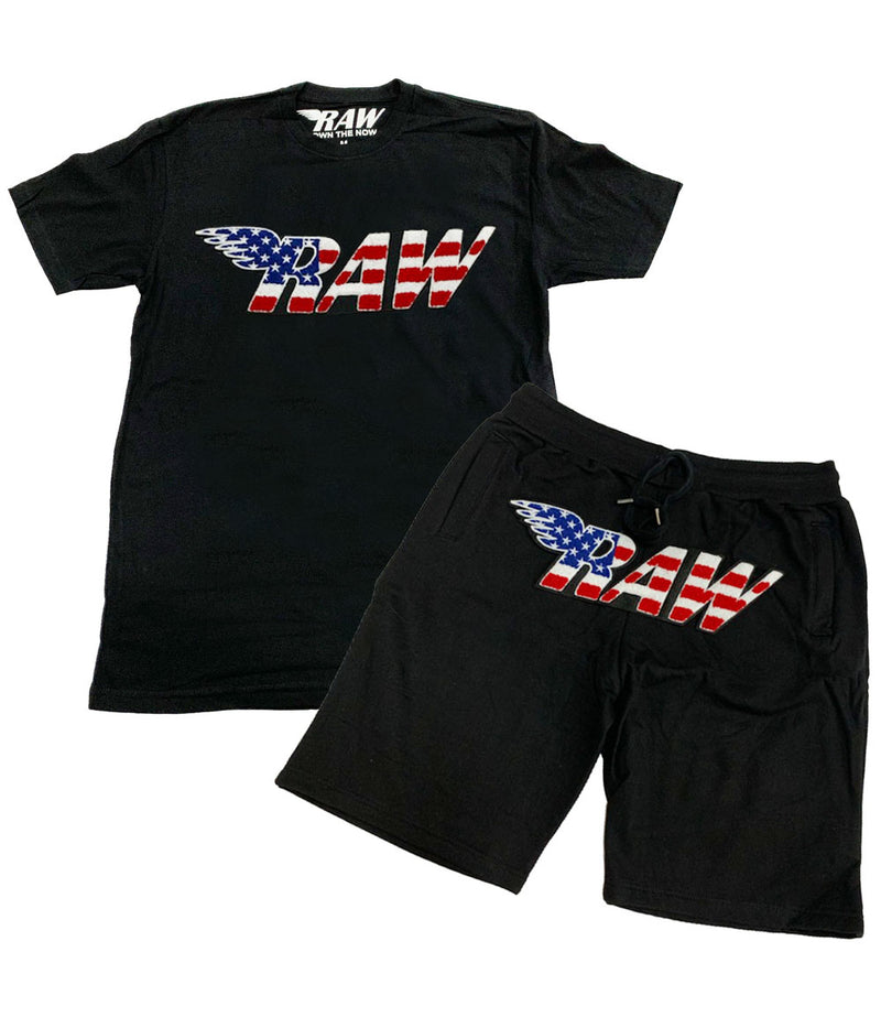 Men RAW USA Chenille Crew Neck and Cotton Shorts Set - Black Tees / Black Shorts - Rawyalty Clothing