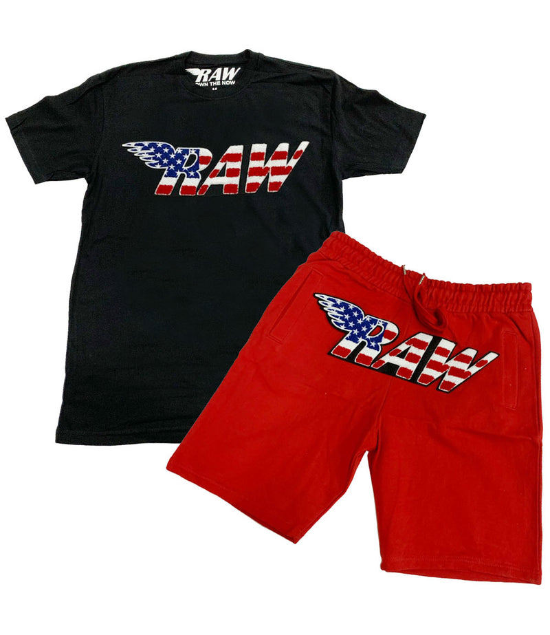 RAW USA Chenille Crew Neck and Cotton Shorts Set - Black Tees / Red Shorts - Rawyalty Clothing