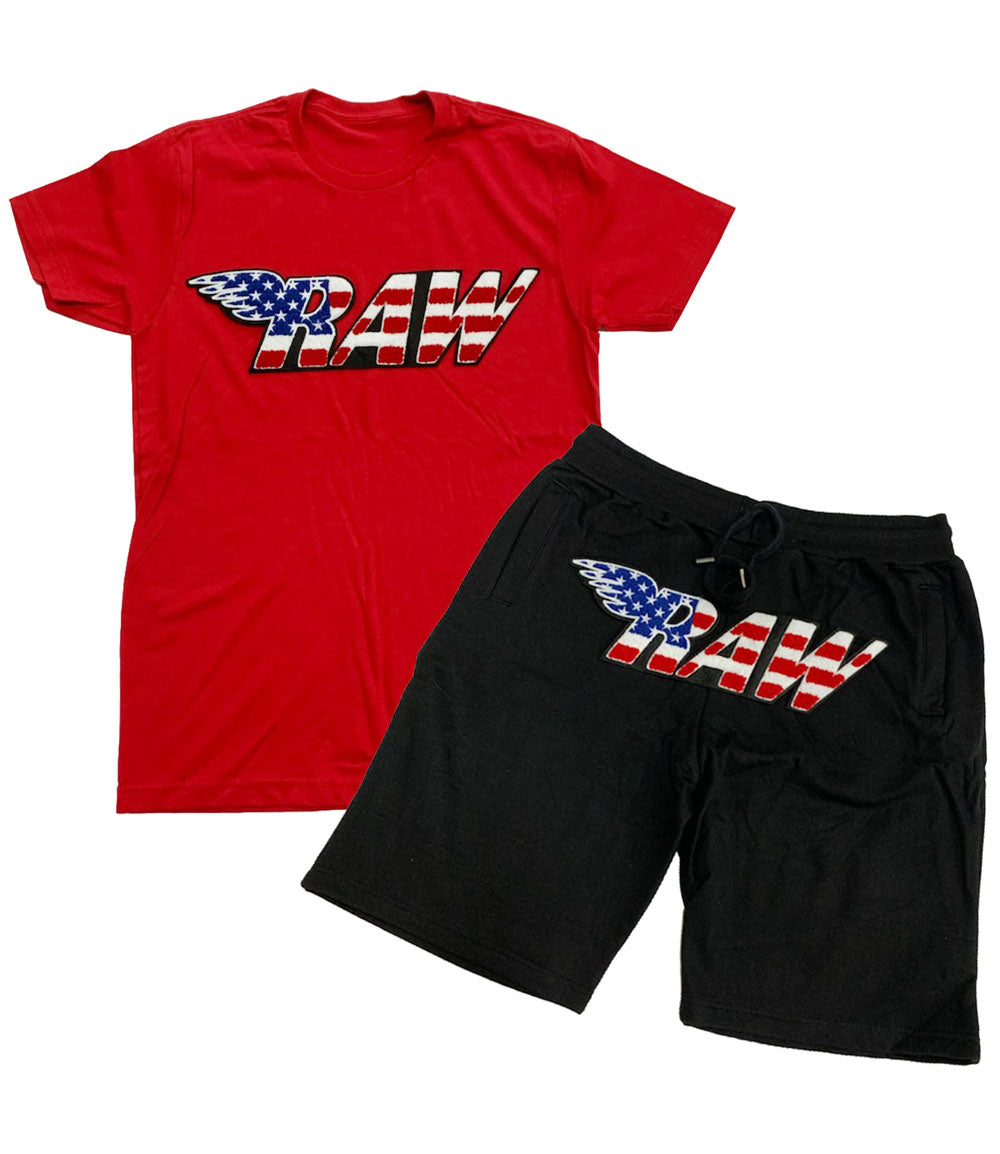 Men RAW USA Chenille Crew Neck and Cotton Shorts Set - Red Tees / Black Shorts - Rawyalty Clothing