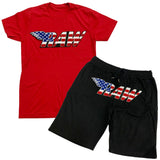 Men RAW USA Chenille Crew Neck and Cotton Shorts Set - Red Tees / Black Shorts - Rawyalty Clothing