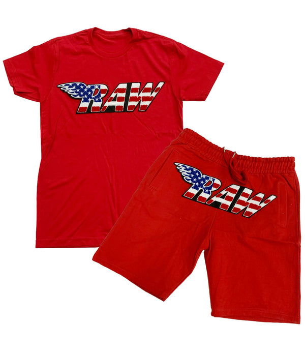 RAW USA Chenille Crew Neck and Cotton Shorts Set - Red Tees / Red Shorts - Rawyalty Clothing