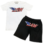 Men RAW USA Chenille Crew Neck and Cotton Shorts Set - White Tees / Black Shorts - Rawyalty Clothing