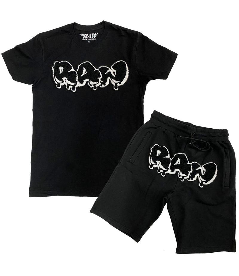 Men RAW Drip Black Chenille Crew Neck and Cotton Shorts Set - Black Tees / Black Shorts - Rawyalty Clothing