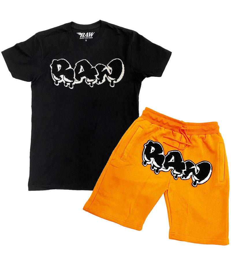 Men RAW Drip Black Chenille Crew Neck and Cotton Shorts Set - Black Tees / Orange Shorts - Rawyalty Clothing