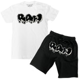 Men RAW Drip Black Chenille Crew Neck and Cotton Shorts Set - White Tees / Black Shorts - Rawyalty Clothing