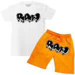 Men RAW Drip Black Chenille Crew Neck and Cotton Shorts Set - White Tees / Orange Shorts - Rawyalty Clothing