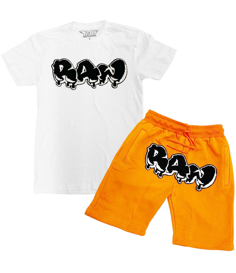 Men RAW Drip Black Chenille Crew Neck and Cotton Shorts Set - White Tees / Orange Shorts - Rawyalty Clothing