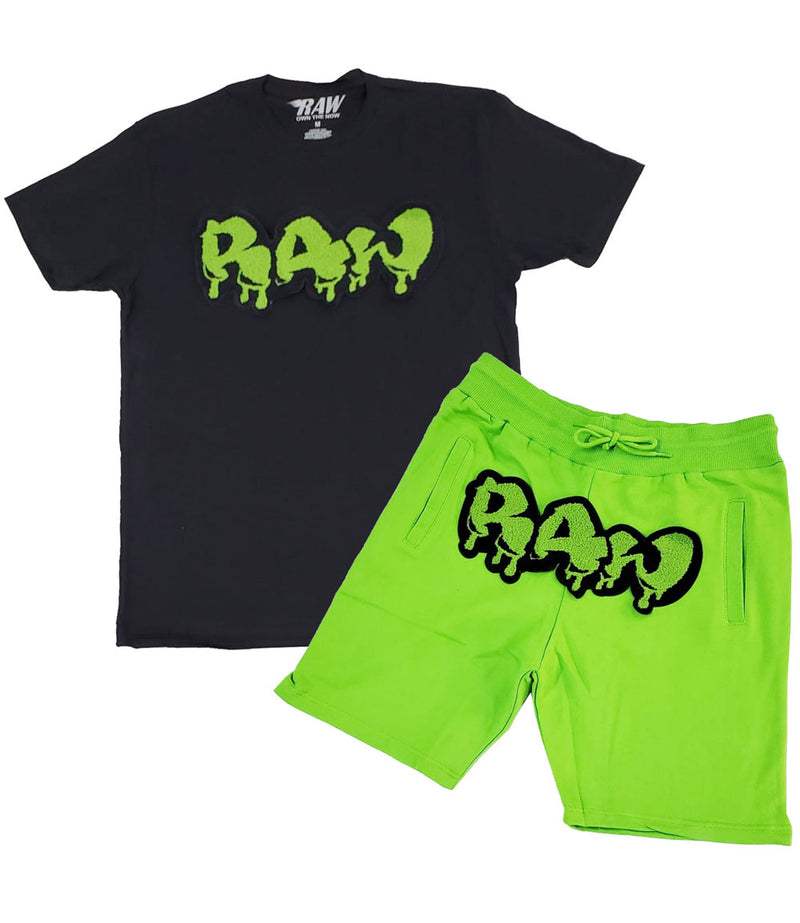 Men RAW Drip Lime Green Chenille Crew Neck and Cotton Shorts Set - Black Tees / Lime Green Shorts - Rawyalty Clothing