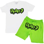 Men RAW Drip Lime Green Chenille Crew Neck and Cotton Shorts Set - White Tees / Lime Green Shorts - Rawyalty Clothing