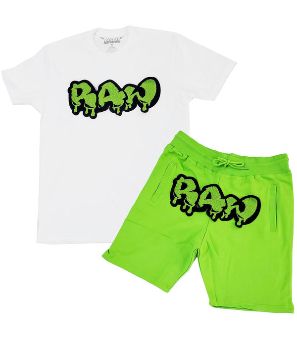 Men RAW Drip Lime Green Chenille Crew Neck and Cotton Shorts Set - White Tees / Lime Green Shorts - Rawyalty Clothing