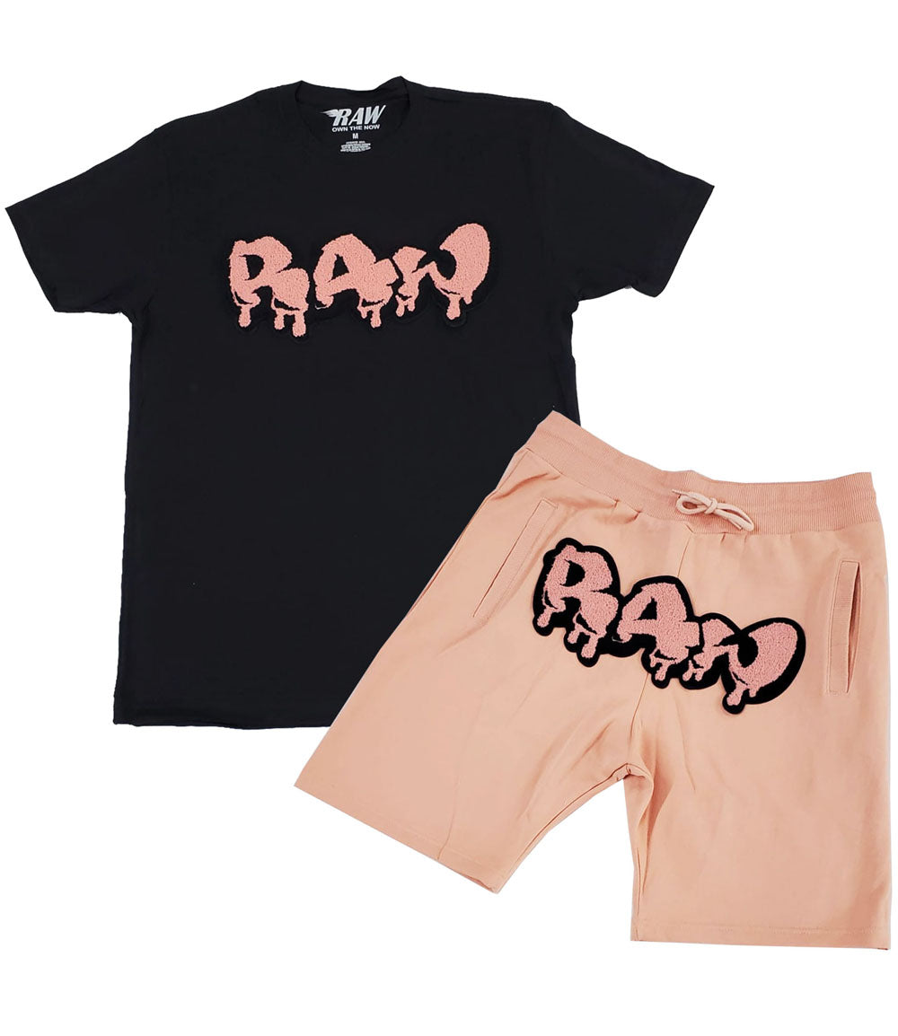 Men RAW Drip Peach Chenille Crew Neck and Cotton Shorts Set - Black Tees / Peach Shorts - Rawyalty Clothing
