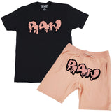 Men RAW Drip Peach Chenille Crew Neck and Cotton Shorts Set - Black Tees / Peach Shorts - Rawyalty Clothing