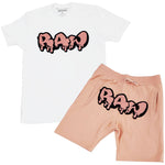 Men RAW Drip Peach Chenille Crew Neck and Cotton Shorts Set - White Tees / Peach Shorts - Rawyalty Clothing