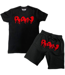 Men RAW Drip Red Chenille Crew Neck and Cotton Shorts Set - Black Tees / Black Shorts - Rawyalty Clothing