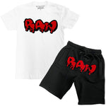 Men RAW Drip Red Chenille Crew Neck and Cotton Shorts Set - White Tees / Black Shorts - Rawyalty Clothing