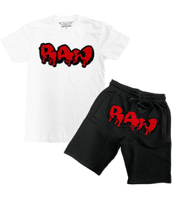 Men RAW Drip Red Chenille Crew Neck and Cotton Shorts Set - White Tees / Black Shorts - Rawyalty Clothing