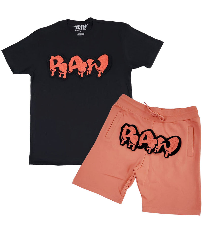 Men RAW Drip Tangerine Chenille Crew Neck and Cotton Shorts Set - Black Tees / Tangerine Shorts - Rawyalty Clothing