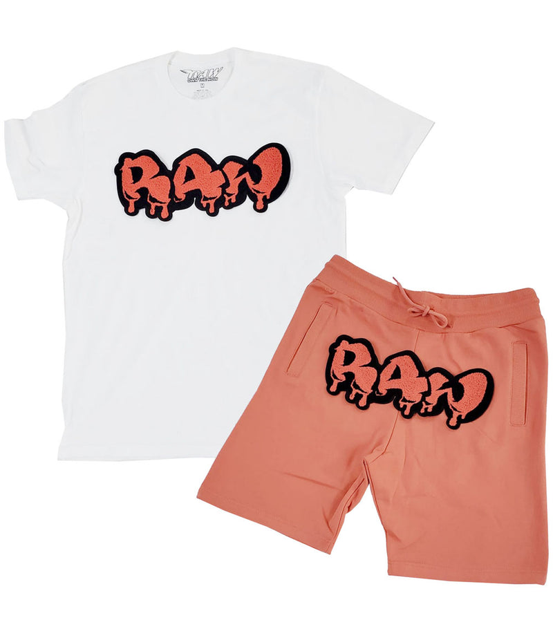 Men RAW Drip Tangerine Chenille Crew Neck and Cotton Shorts Set - White Tees / Tangerine Shorts - Rawyalty Clothing