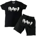 Men RAW Drip White Chenille Crew Neck and Cotton Shorts Set - Black Tees / Black Shorts - Rawyalty Clothing