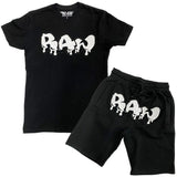 Men RAW Drip White Chenille Crew Neck and Cotton Shorts Set - Black Tees / Black Shorts - Rawyalty Clothing