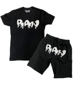 Men RAW Drip White Chenille Crew Neck and Cotton Shorts Set - Black Tees / Black Shorts - Rawyalty Clothing