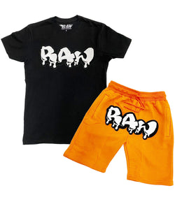 Men RAW Drip White Chenille Crew Neck and Cotton Shorts Set - Black Tees / Orange Shorts - Rawyalty Clothing