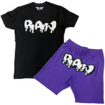 Men RAW Drip White Chenille Crew Neck and Cotton Shorts Set - Black Tees / Purple Shorts - Rawyalty Clothing
