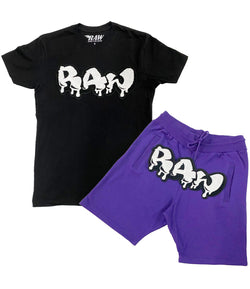 Men RAW Drip White Chenille Crew Neck and Cotton Shorts Set - Black Tees / Purple Shorts - Rawyalty Clothing