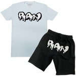 Men RAW Drip White Chenille Crew Neck and Cotton Shorts Set - Light Blue Tees / Black Shorts - Rawyalty Clothing