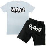 Men RAW Drip White Chenille Crew Neck and Cotton Shorts Set - Light Blue Tees / Black Shorts - Rawyalty Clothing