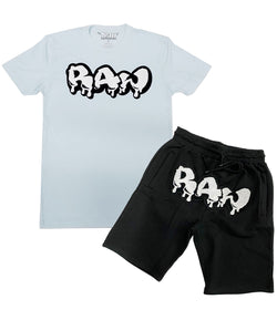 Men RAW Drip White Chenille Crew Neck and Cotton Shorts Set - Light Blue Tees / Black Shorts - Rawyalty Clothing