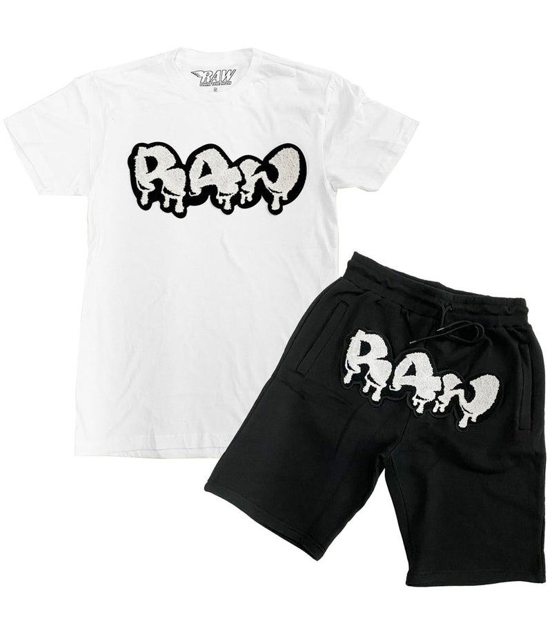 Men RAW Drip White Chenille Crew Neck and Cotton Shorts Set - White Tees / Black Shorts - Rawyalty Clothing