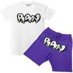 Men RAW Drip White Chenille Crew Neck and Cotton Shorts Set - White Tees / Purple Shorts - Rawyalty Clothing