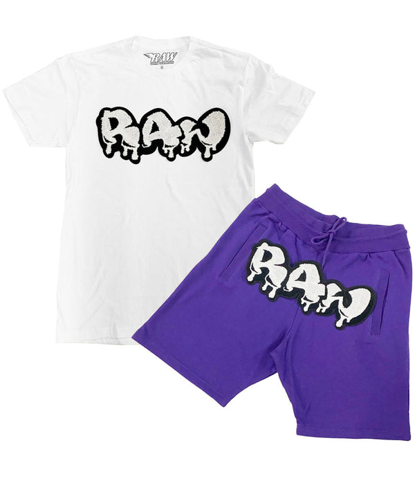Men RAW Drip White Chenille Crew Neck and Cotton Shorts Set - White Tees / Purple Shorts - Rawyalty Clothing