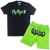 Men RAW Drip Camo Green Chenille Crew Neck and Cotton Shorts Set - Black Tees / Lime Shorts - Rawyalty Clothing