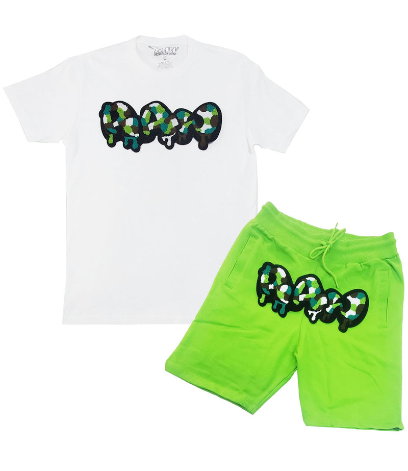 Men RAW Drip Camo Green Chenille Crew Neck and Cotton Shorts Set - White Tees / Lime Shorts - Rawyalty Clothing
