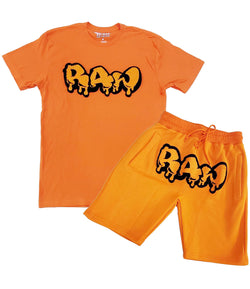 Men RAW Drip Orange Chenille Crew Neck and Cotton Shorts Set - Orange Tees / Orange Shorts - Rawyalty Clothing