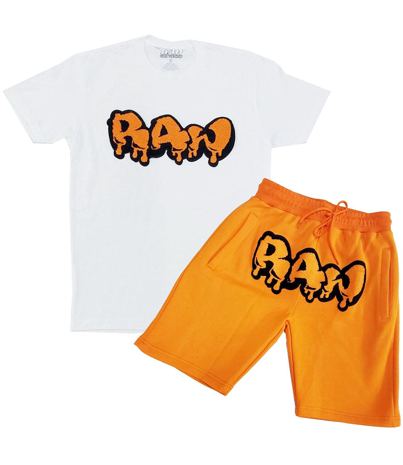 Men RAW Drip Orange Chenille Crew Neck and Cotton Shorts Set - Rawyalty Clothing