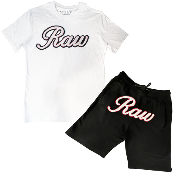 Men RAW Cursive White Chenille T-Shirts and Cotton Shorts Set - Rawyalty Clothing