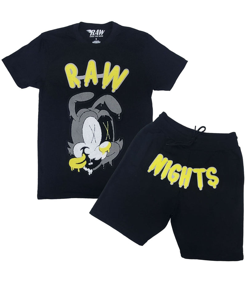 Men RAW Nights Yellow Chenille Crew Neck and Cotton Shorts Set - Black Tees / Black Shorts - Rawyalty Clothing
