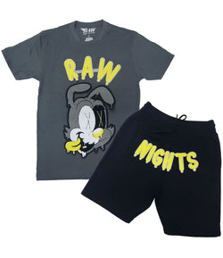 Men RAW Nights Yellow Chenille Crew Neck and Cotton Shorts Set - Heavy Metal Tees / Black Shorts - Rawyalty Clothing