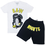 Men RAW Nights Yellow Chenille Crew Neck and Cotton Shorts Set - White Tees / Black Shorts - Rawyalty Clothing